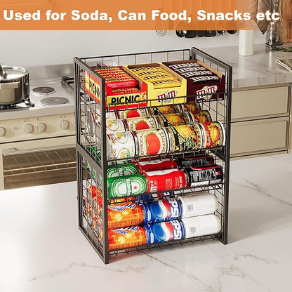 X-cosrack 2 Packs Stackable Can Rack Organizer for Pantry, 2-Tier Sturdy Adjustable Pantry Can Storage Organizer for Canned Food Can Goods, Kitchen Can Dispenser Holder for Soda Drinks Snack, Black