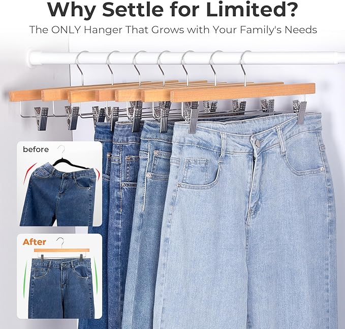 HOUSE DAY Premium Wooden Pants Hangers 25 Pack, Solid Lotus Wood Skirt Hangers with 2-Adjustable Clips, Heavy Duty & Anti Slip Wood Bottom Hanger for Slacks, Jeans, Trousers, Shorts (Natural)