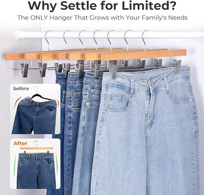 HOUSE DAY Premium Wooden Pants Hangers 25 Pack, Solid Lotus Wood Skirt Hangers with 2-Adjustable Clips, Heavy Duty & Anti Slip Wood Bottom Hanger for Slacks, Jeans, Trousers, Shorts (Natural)