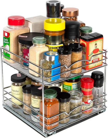2 Tier Pull-Out Cabinet Spice Rack Organizer - Slim Slide-Out Storage for Spices, Bottles & Jars, Premium Heavy-Duty Steel, Easy Install for Narrow Kitchen Cabinets -10-1/2"Wx10-3/8"Dx8-7/8" H, Chrome