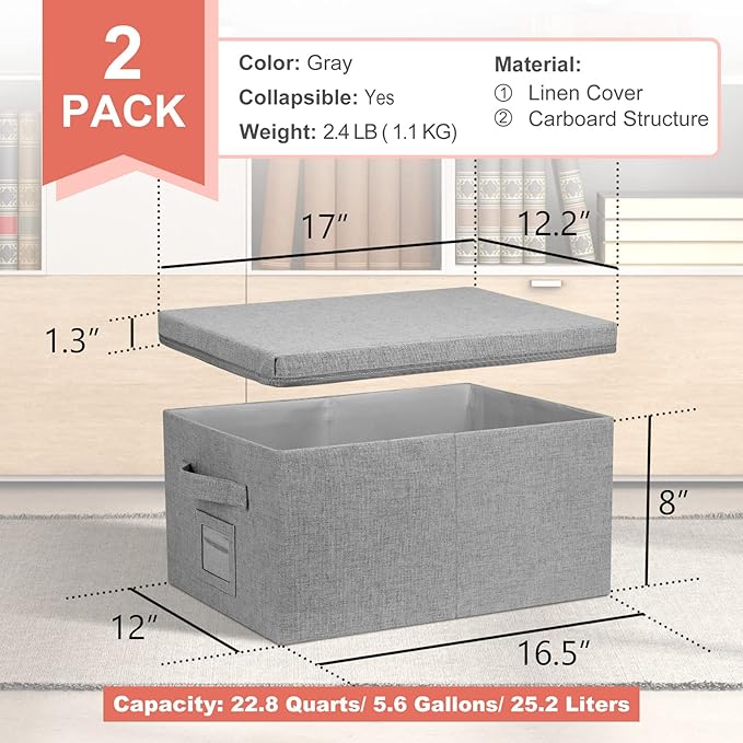 Graciadeco 22.8qt Closet Storage Boxes with Lids Gray Folding Keepsake Storage Bins Stackable Flat Lidded Carboard Storage Contaner for Clothes Barbie Shoes, 2 Pack