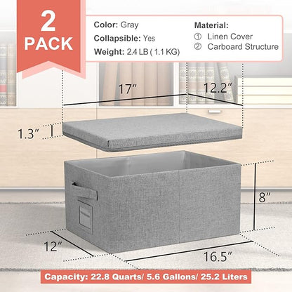 Graciadeco 22.8qt Closet Storage Boxes with Lids Gray Folding Keepsake Storage Bins Stackable Flat Lidded Carboard Storage Contaner for Clothes Barbie Shoes, 2 Pack