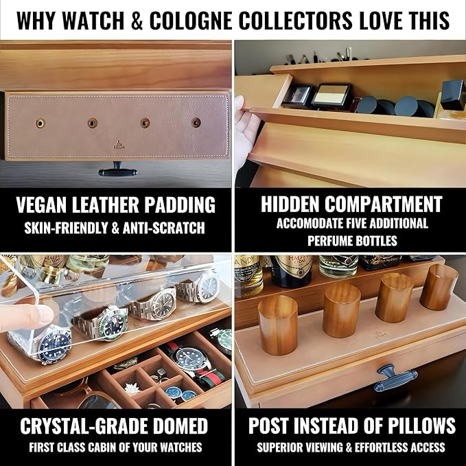 Cologne and Watch Organizer Walnut Brown – Wooden Perfume Display Stand with Jewelry Storage Drawer, Velvet Lining, Hidden Compartment – Large Cologne Holder – Gift Box Included