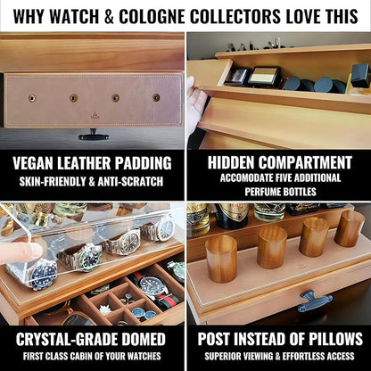 Cologne and Watch Organizer Walnut Brown – Wooden Perfume Display Stand with Jewelry Storage Drawer, Velvet Lining, Hidden Compartment – Large Cologne Holder – Gift Box Included