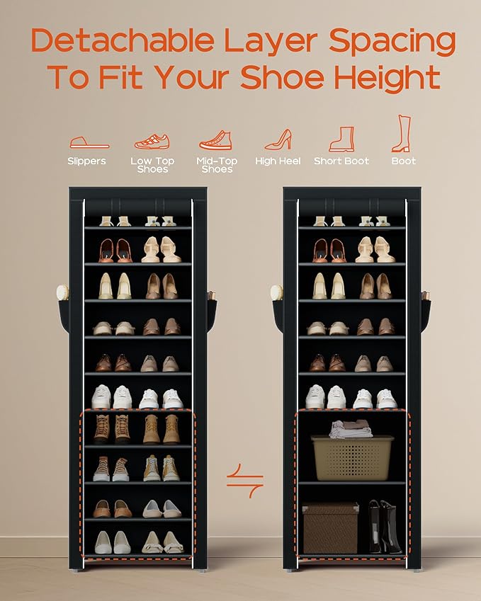 CASAMAYA Shoe Rack with Covers, 10 Tiers Tall Shoe Rack Organizer, Large Capacity Shoe Shelf Storage, Hold 20 Pairs of Shoes, Vertical Shoe Storage Organizer for Closet, Entryway, Black, SRT102B01