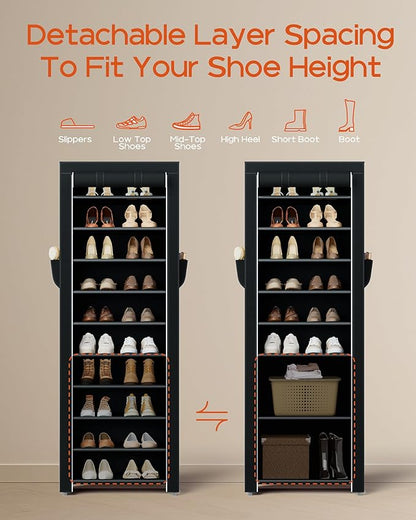 CASAMAYA Shoe Rack with Covers, 10 Tiers Tall Shoe Rack Organizer, Large Capacity Shoe Shelf Storage, Hold 20 Pairs of Shoes, Vertical Shoe Storage Organizer for Closet, Entryway, Black, SRT102B01