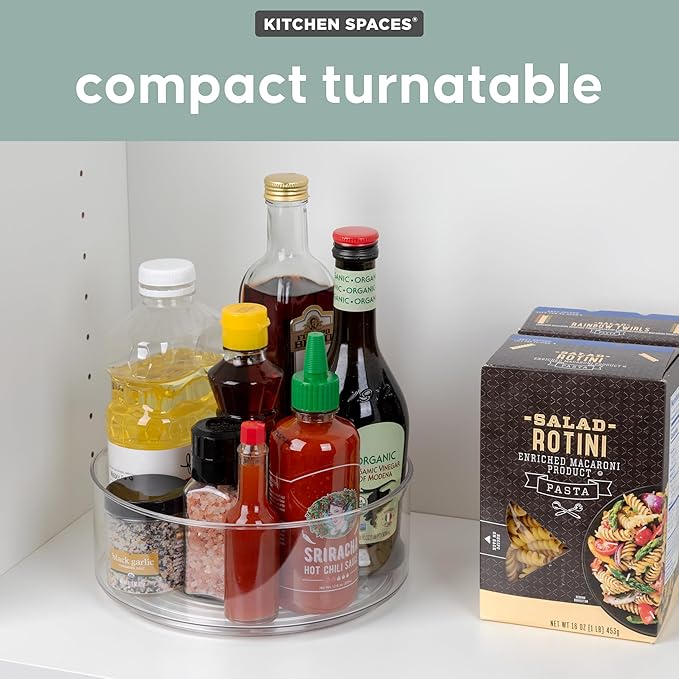 Kitchen Spaces Compact Lazy Susan Organizer, Fridge or Cabinet Turntable Shelf Storage for Kitchen and Pantry Items, Great for Spices or Condiments, Clear and Sturdy with Full Spin, 9 x 9 x 3.4 inches