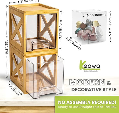 Stackable Bamboo Snack Drawer Organizer (2 Pack) – Pull-Out Storage Bins with Clear Acrylic Drawers – Pantry Storage for Snacks, Coffee Pods, Spices & K-Cups