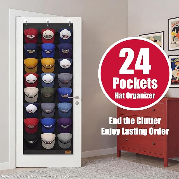Hat Organizer for Baseball Caps, 24 Deep Pockets Hat Rack, Breathable & Visible, Black Hat Holder with 3 Hooks for Door, Bedroom, Closet Organizer