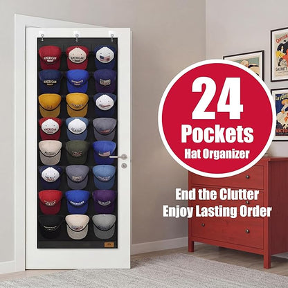 Hat Organizer for Baseball Caps, 24 Deep Pockets Hat Rack, Breathable & Visible, Black Hat Holder with 3 Hooks for Door, Bedroom, Closet Organizer