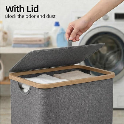 efluky Slim Laundry Basket with Lid, Narrow Laundry Hamper with Removable Bag, Skinny Dirty Clothes Basket with Bamboo Handles for Bathroom, Bedroom & Laundry Room, 75L Grey