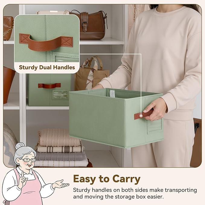 GRANNY SAYS Fabric Storage Bins, Closet Storage Bins for Shelves, Storage Basket with Handles, Collapsible Storage Boxes, Decorative Storage Box, Sage Green, Medium, 3-Pack