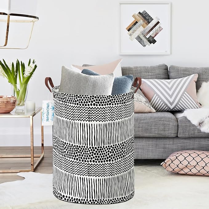 Laundry Basket Canvas Fabric Collapsible Organizer Basket for Storage Bin Toy Bins Gift Baskets Bedroom Clothes Children Nursery Hamper (Black line)