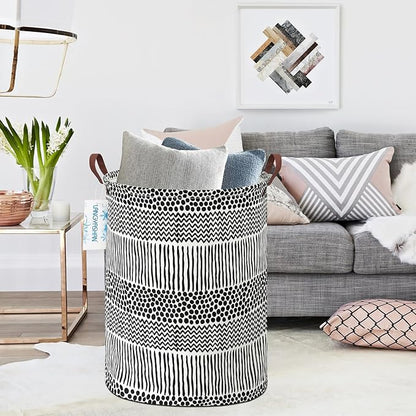 Laundry Basket Canvas Fabric Collapsible Organizer Basket for Storage Bin Toy Bins Gift Baskets Bedroom Clothes Children Nursery Hamper (Black line)