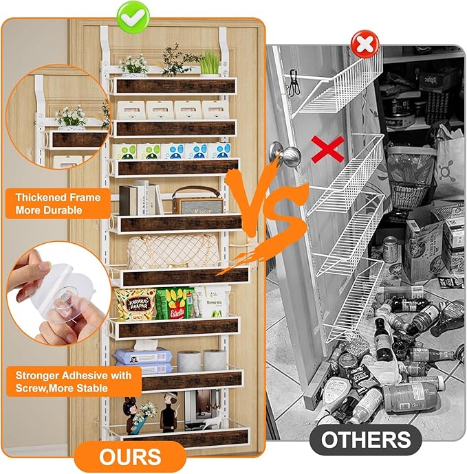 8 Tier Over The Door Pantry Orangizer 2 IN 1 Wall Mounted or Hanging Spice Rack with Adjustable Wood Basket,Heavy Duty Seasoning Storage Shelf for Kitchen Pantry and Bathroom