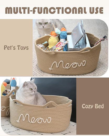 Sea Team Cat Toy Basket with Handles, 16.5 x 11 x 7 Inches, 4.4 Gallons Large Cotton Rope Storage Bin, Box, Shelf Organizer for Pet Chew Toys, Foods, Beige Meow
