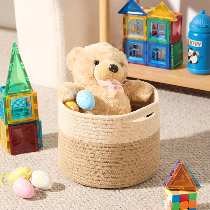 MiniArk Small Basket for Organizing | Cube Shelf Closet Storage Baskets | 9.7×9.7×7.1” | Woven Rope Gift Basket | Nursery | Round 3 Packs Tan