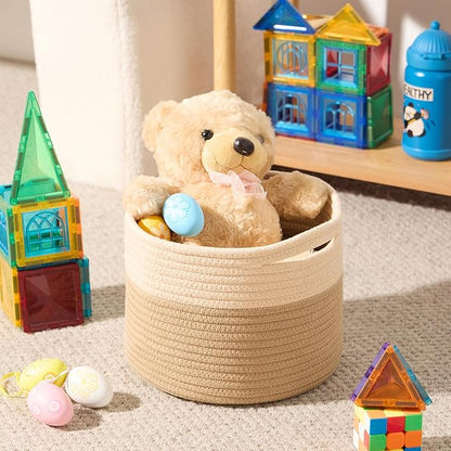 MiniArk Small Basket for Organizing | Cube Shelf Closet Storage Baskets | 9.7×9.7×7.1” | Woven Rope Gift Basket | Nursery | Round 3 Packs Tan