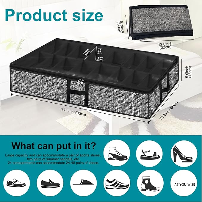 Under Bed Shoe Storage Organizer for Closet 2 Pack Fits 32 Pairs Underbed Shoes Container Boxes with Sturdy H-Handles, Foldable Shoe Rack Holder,Black