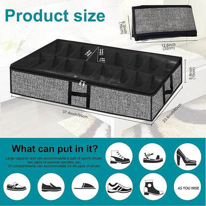 Under Bed Shoe Storage Organizer for Closet 2 Pack Fits 32 Pairs Underbed Shoes Container Boxes with Sturdy H-Handles, Foldable Shoe Rack Holder,Black