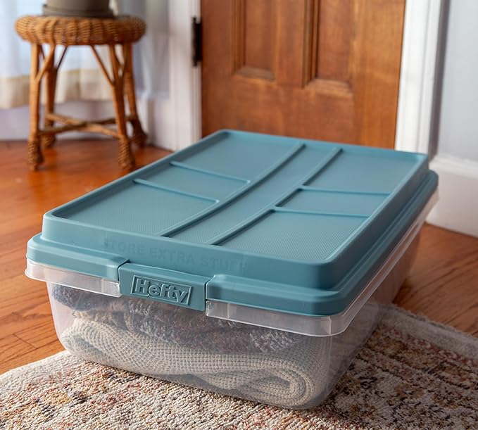 Hefty HI-RISE 40 Qt Stackable Storage Bins with Lids – 6 Pack Clear Plastic Under Bed Storage Containers, Shoe Organizer Boxes with XL Lid-Locking Latches, Comfort-Grip Handles, Durable Double Rim