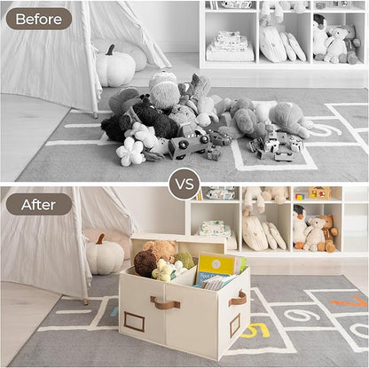 StorageWorks Large Clothes Storage Bins, Fabric Boxes with Divider Board, Baskets for Clothes, Linen Closet Organizers with Lid, Ivory White, 2-Pack