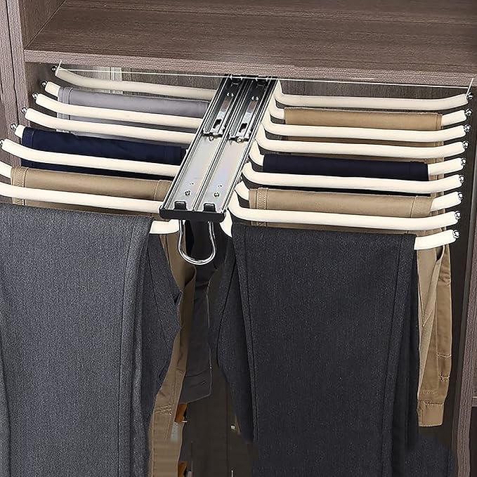 Pull Out Trousers Rack,Extendable Pants Holder,Cabinet Organizers Pants Rack Pant Hanger Rail Top Mount,for Space Saving and Storage,Beige Standard models Size62.8x35cm