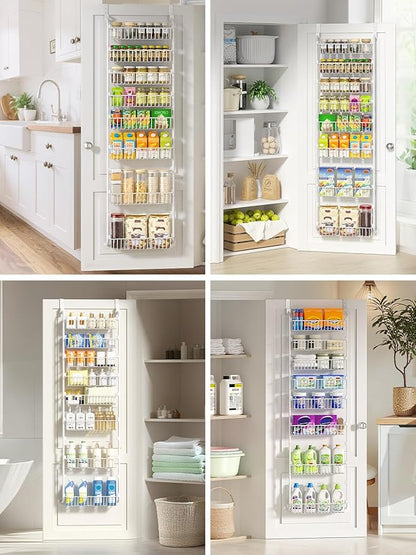 Delamu Over The Door Pantry Organizer, 8-Tier Pantry Door Organizers and Storage with Adjustable Basket, Metal Hanging Spice Rack, Seasoning Organizer, Door Organizer for Home Kitchen Bathroom, White