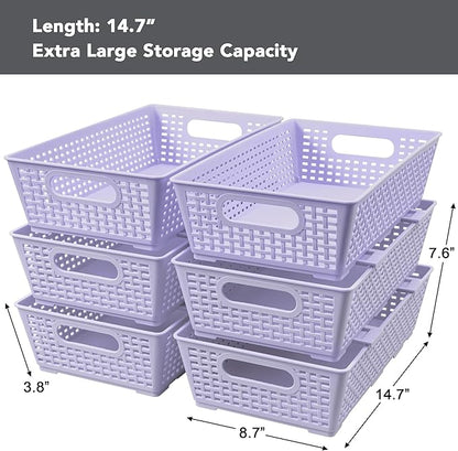 Tiawudi Stackable Woven Plastic Basket, Storage Bins for Cabinet, Closet, Shelf, Under Sink and Countertop, Pantry Organizer Bins, 6 Pack