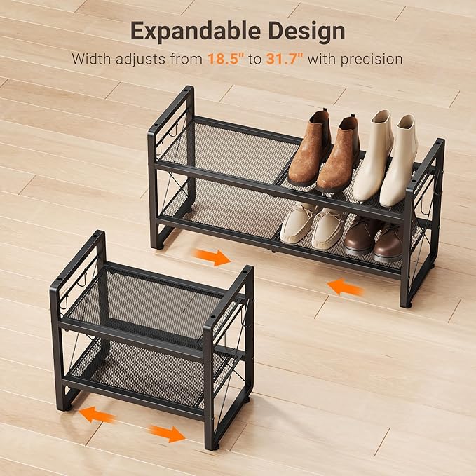 ELYKEN Shoe Rack, 2-Tier Expandable Shoe Organizer for Entryway, Metal Black Shoe Shelf with 4 Hooks, Ajustable Shoe Stand Holder for Closet, Garage, Door Entrance