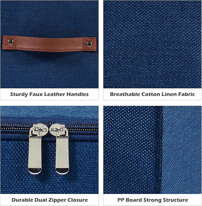 2PCS Storage Cubes with Lid Fabric Storage Bin Box PU Leather Handles Cotton Linen Closet Organizer Container Decorative Foldable Washable Shelf Cloth Basket (Zipper Lid, Deep Blue, 11in)