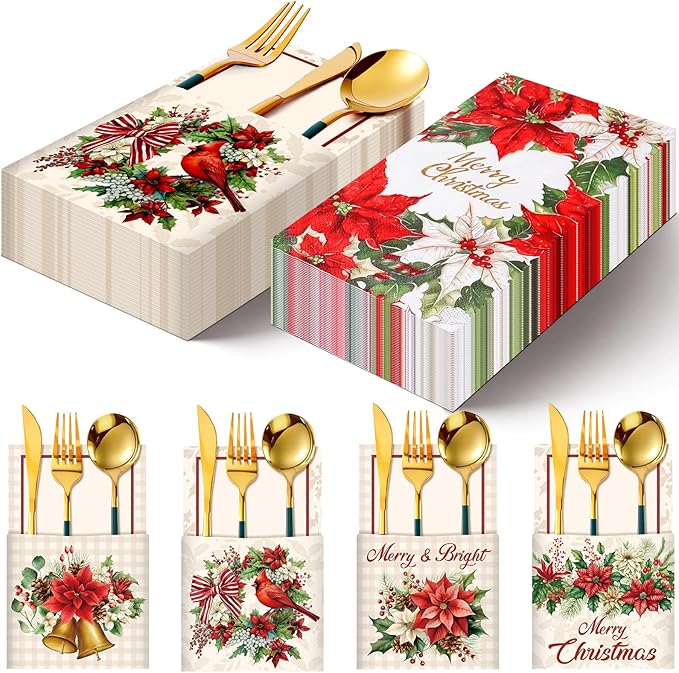 Harloon 80 Pcs Christmas Silverware Holder Napkin Set 60pcs Christmas Napkins 20pcs Xmas Paper Utensil Cutlery Holders Knife Fork Pocket Bags for Holiday Xmas Table Decorations Party Favor Supplies