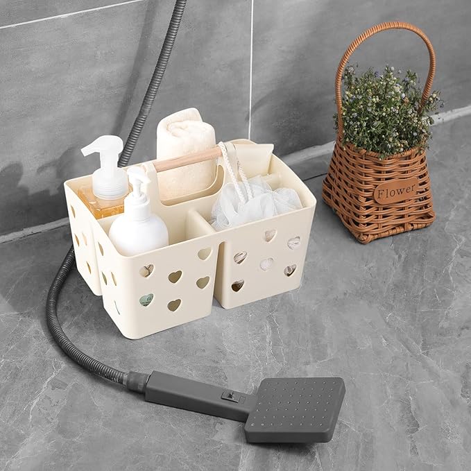 Anyoifax Portable Shower Caddy Plastic Shower Basket Organizer Divided Bathroom Caddy Storage Cleanning Caddy Tote with Handle for College, Dorm Room, Kitchen, Beige