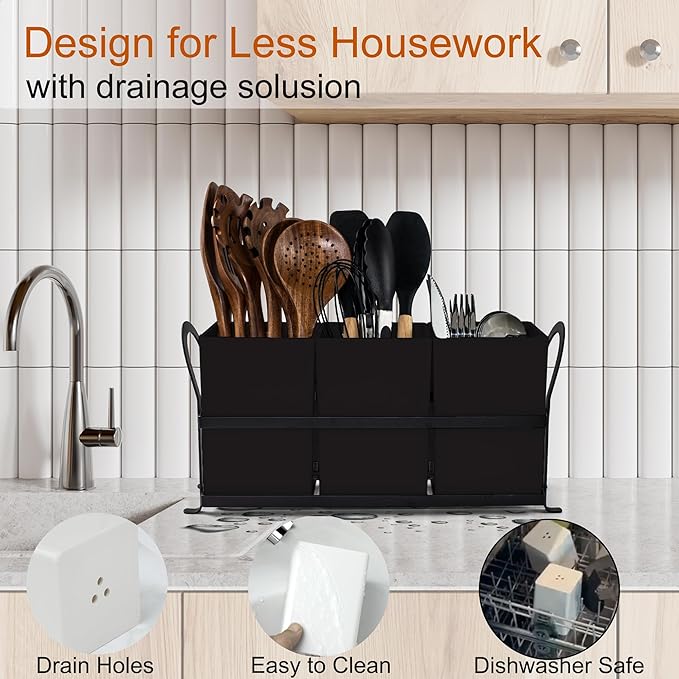 Czlizdyt Large Kitchen Utensil Holder, Drainage Utensil Caddy for Countertop, 3pcs Bins Set Cooking Utensil Organizer for Spoons, Spatulas, Black