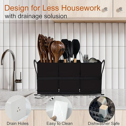 Czlizdyt Large Kitchen Utensil Holder, Drainage Utensil Caddy for Countertop, 3pcs Bins Set Cooking Utensil Organizer for Spoons, Spatulas, Black