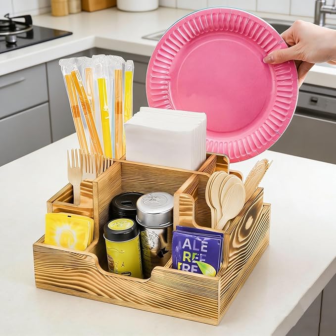 ZAVOOS Paper Plate Dispenser, Small Wood Utensil Holder Silverware Caddy for Cups Spoons Forks Napkins, Rustic Cutlery Flatware Organizer with 9 Compartments for Party, Kitchen, Camping, Buffet