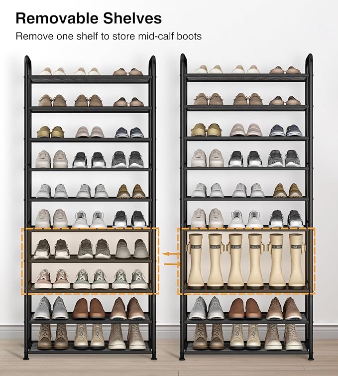 STO STO 10-Tier Shoe Rack with Sturdy Mesh Shelves, Tall Metal Shoe Organizer for Entryway, Closet, Garage, Front Door, Holds 30 Pairs, Free Standing Large Shoe Storage Shelf, Adjustable Feet, Black