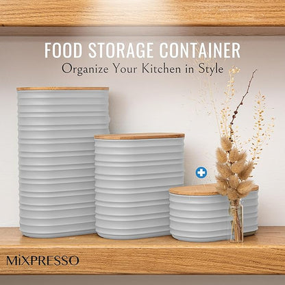 Mixpresso Gray Canisters Sets for the Kitchen – 3-Piece Airtight Plastic Sugar Container Set with Bamboo Lids in Three Different Sizes – Decorative Modern Storage Jars for Coffee, Tea & Countertops