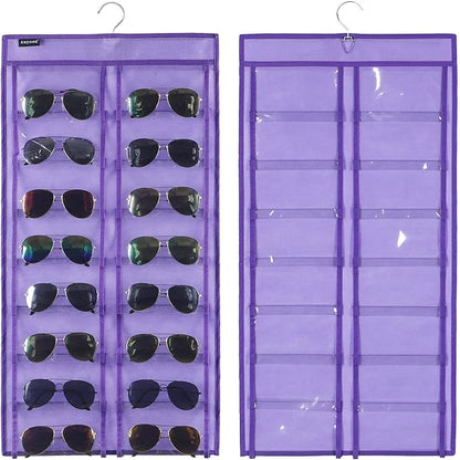 Dual Sided Hanging Sunglasses Organizer Wall Eyeglass Holder Sunglass Rack for Home with 32 Dust Proof Pockets (32 Pockets-Purple)