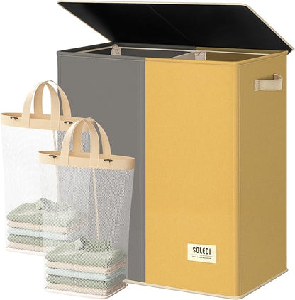 SOLEDI Large Double Laundry Hamper with Lid, Collapsible Clothes Hamper 2 section with Removable Bags, Space-Saving Laundry Basket for Bedroom, Dorm, College