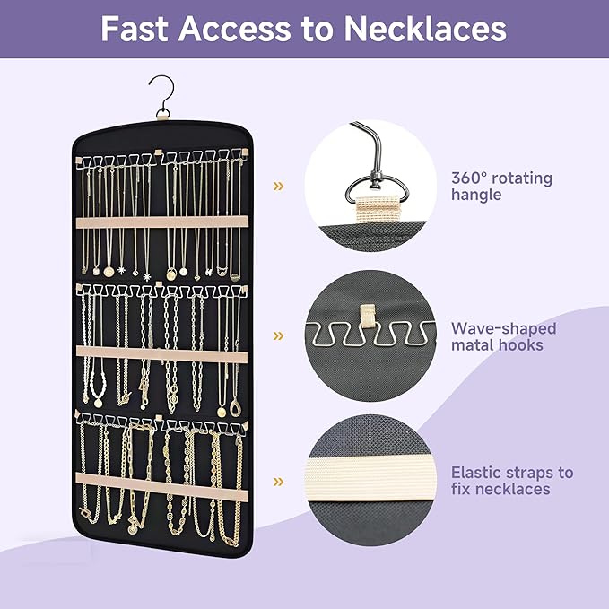 Hanging Jewelry Organizer & Cleaning Kit - Storage Bag with Metal Hooks Double-Sided Jewelry Rack Cleaning Solution Polishing Cloth Anti-Tarnish Bags Fits Necklaces Rings on Closet, Wall, Door, Black