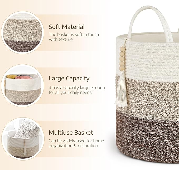 Mkono Woven Storage Basket Decorative Natural Rope Basket Wooden Bead Decoration for Blankets,Toys,Clothes,Shoes,Plant Organizer Bin with Handles Living Room Home Decor, 16" W × 13.8" L