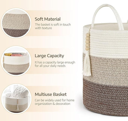 Mkono Woven Storage Basket Decorative Natural Rope Basket Wooden Bead Decoration for Blankets,Toys,Clothes,Shoes,Plant Organizer Bin with Handles Living Room Home Decor, 16" W × 13.8" L