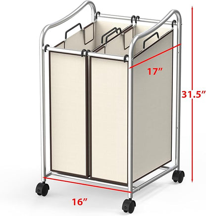 Simple Houseware 2-Bag Heavy Duty Rolling Laundry Sorter Cart, Chrome – 2 Section Removable Bags and Lockable Wheels for Laundry Room Organization
