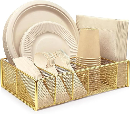 DysanVica Metal Paper Plate Holder - Utensil Silverware Caddy for Kitchen Counter Cabinet Cutlery Flatware Organizer Storage Dispenser for Plastic Spoon Fork Plates Napkins Cup Party Camping Gold
