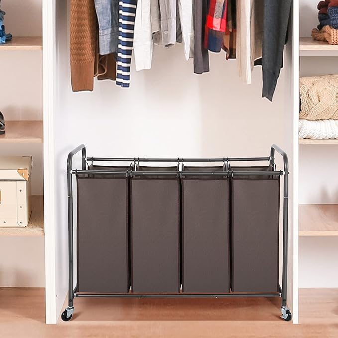 STO STO Laundry Sorter 4 Section, 4 Bag Clothes Hamper, Rolling Laundry Cart Basket with Heavy Duty Lockable Wheels and Removable Bag for Laundry Room, Bedroom, Closet, Brown