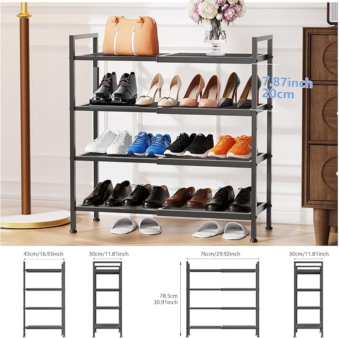 4 Tier Shoe Rack, Expandable Shoe Rack for Closet, Adjustable Shoe Organizer for Entryway, Shoe Storage Organizer for Door Entrance, Garage, Bedroom