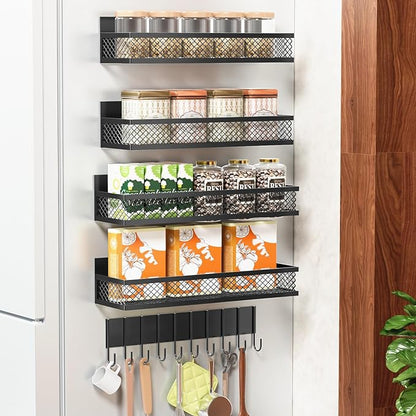 Magnetic Spice Rack for Refrigerator, 5 Pack Magnetic Shelf for Refrigerator, Moveable Fridge Magnetic Spice Racks with 10-Hook Rack for Kitchen Organizers and Storage