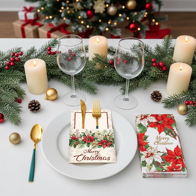 Harloon 80 Pcs Christmas Silverware Holder Napkin Set 60pcs Christmas Napkins 20pcs Xmas Paper Utensil Cutlery Holders Knife Fork Pocket Bags for Holiday Xmas Table Decorations Party Favor Supplies