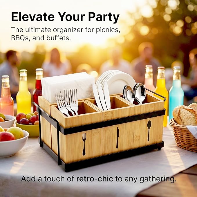 Silverware Caddy Wooden Silverware Holder Cutlery Storage Organizer Paper Plate Dispenser Flatware Cutlery Holder for Party Utensil Caddy for Spoons Forks Napkins Plates